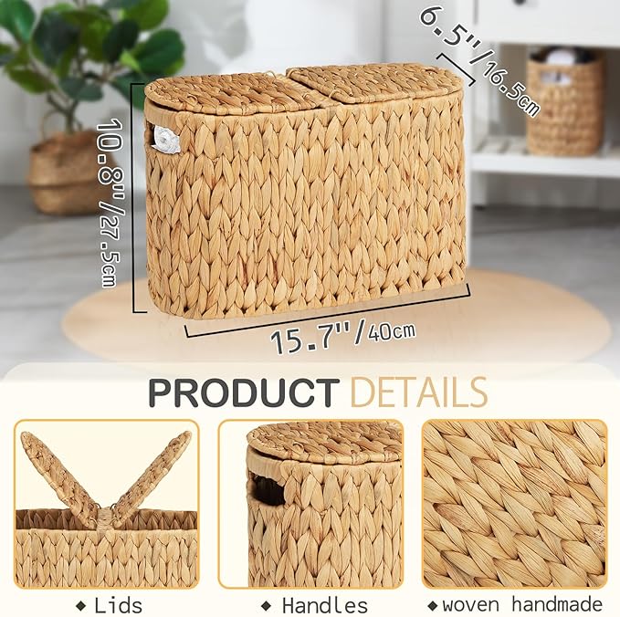 Toilet Paper Basket with Lid for 6 Rolls, Water Hyacinth Wicker Toilet Paper Storage Holder, Toilet Paper Storage for Bathroom