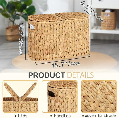 Toilet Paper Basket with Lid for 6 Rolls, Water Hyacinth Wicker Toilet Paper Storage Holder, Toilet Paper Storage for Bathroom