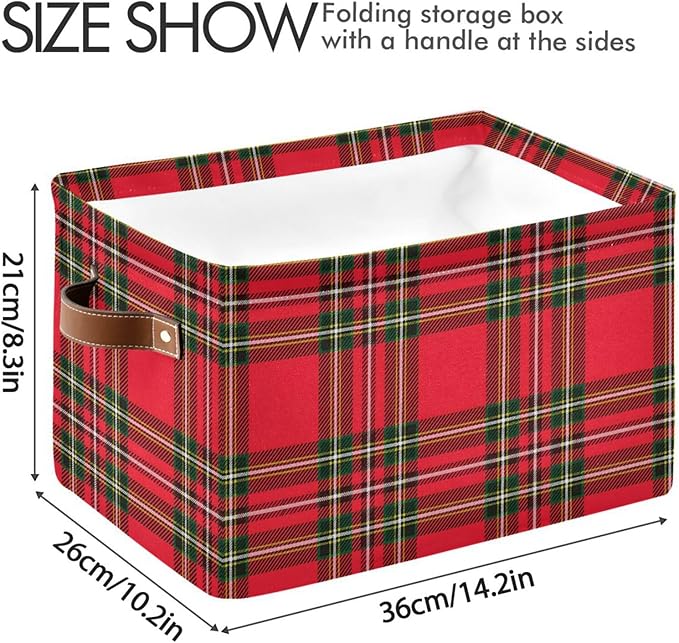 Red Green Tartan Plaid Christmas Large Storage Basket Cube Storage Bin Canvas Fabric Organizer Handles Collapsible Decorative for Clothes Bedroom