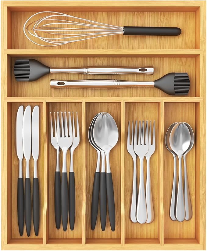 Lifewit Silverware Drawer Organizer, Utensil Tray for Kitchen, Flatware and Cutlery Holder, Storage for Spoons Forks Knives, 33 x 42cm, Natural