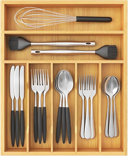 Lifewit Silverware Drawer Organizer, Utensil Tray for Kitchen, Flatware and Cutlery Holder, Storage for Spoons Forks Knives, 33 x 42cm, Natural