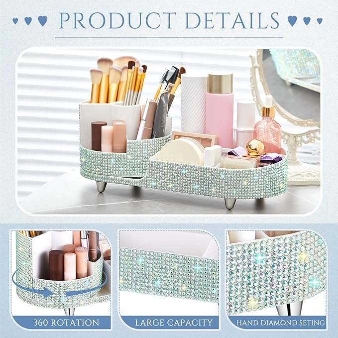 Teen Girls Mother's Day 360 Rotating Bling Makeup Organizer Gift Rhinestone Diamond Bathroom Organizer Girly Skin Care Brush Holder for Countertop, Bathroom Essentials(Silver,Rhinestone)