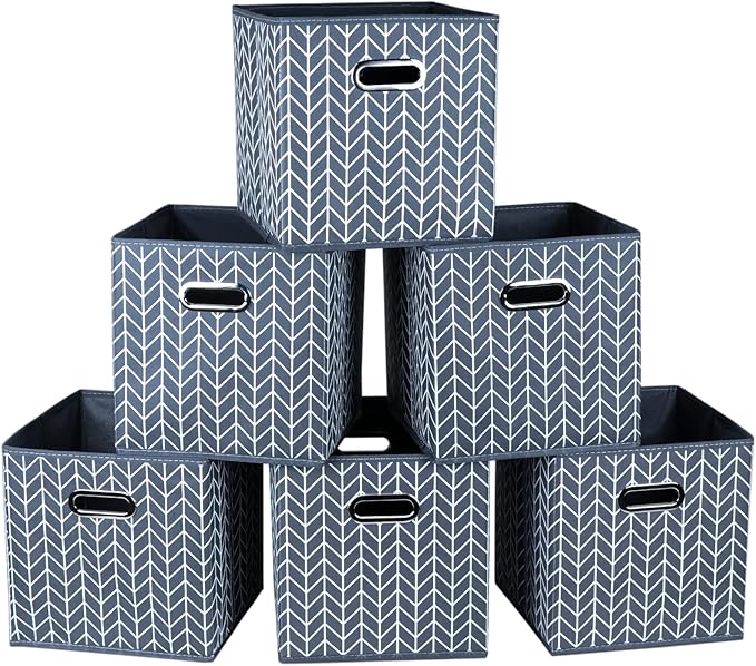 Fabric Cloth Storage Bins,Fabric Cube Organizer with Dual Handles Foldable Cube Storage Baskets for Home Bedroom Storage,Set of 6,(Grey Wave)