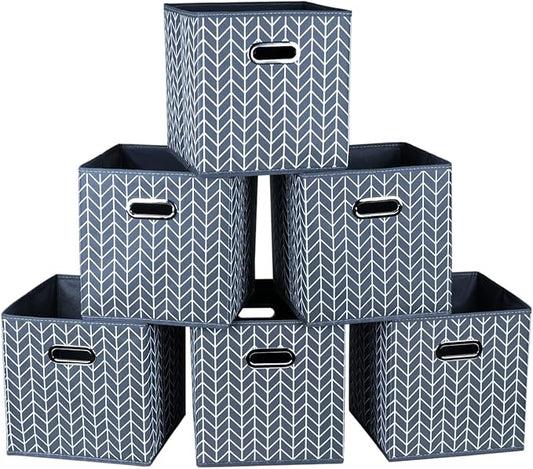 Fabric Cloth Storage Bins,Fabric Cube Organizer with Dual Handles Foldable Cube Storage Baskets for Home Bedroom Storage,Set of 6,(Grey Wave)