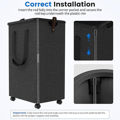 Laundry Basket with 5 Wheels, Tall Dirty Laundry Hamper, Rolling Laundry Basket with Lid, Large 100L Collapsible Clothes Hamper for Laundry Room Bedroom Bathroom Dorm, Dark Gray