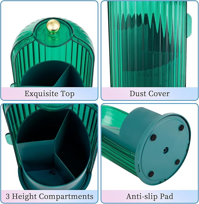 Makeup Brush Holder with Lid 360 Rotating Makeup Brush Organizer, Dustproof Waterproof Material & with 3 Compartments for Organized Storage, Dressing Tables Clear Storage Skincare Cosmetic (Green)