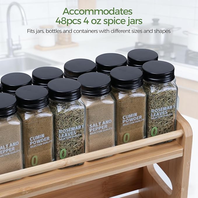 Bamboo Spice Rack Organizer, 3 Tier Spice Storage Rack with Handles, Wood Seasoning Jars Shelf for Kitchen Counter, Pantry or Wall Mounting