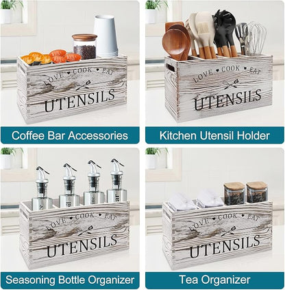 Rustic White Wooden Utensil Holder for Kitchen Counter Decor Extra Large Utensil Crock Organizer Silverware Caddy Farmhouse Wood Cutlery Holder Cooking Utensil Stand Storage kitchen Tools Holder