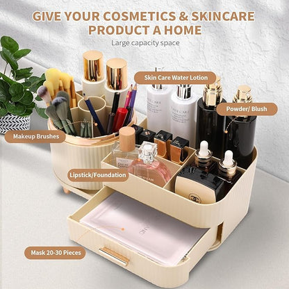 Beborxue 360° Rotating Makeup Organizer for Vanity with Drawers, Large Capacity Cosmetic Display Case, skincare organizer, Cosmetic Organizer for Lipstick, Skincare, Brushes, Eyeshadow, (Rice White)