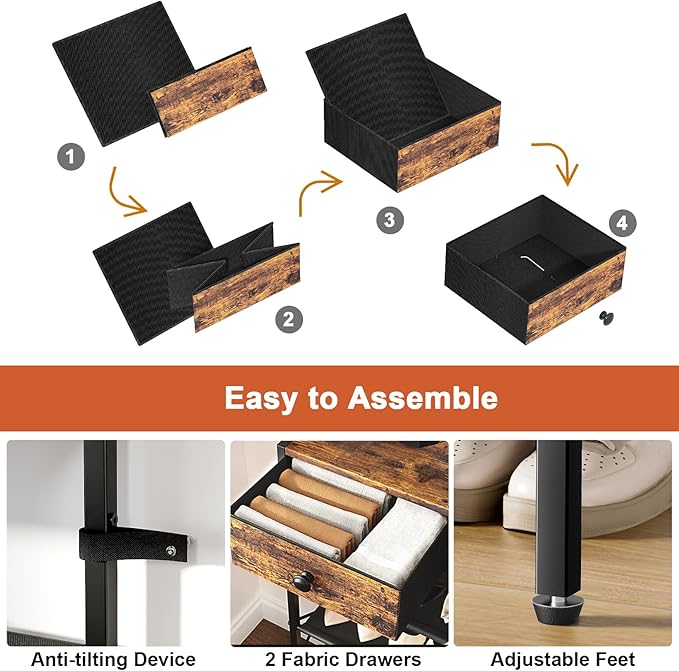 Shoe Rack, 5 Tier Shoe Organizer with 3 Drawers, Metal Shoe Storage for 24-30 Pairs of Shoes with Fabric Shelves and Wooden Top, Narrow Shoe Shelf for Closet Entryway Rustic Brown