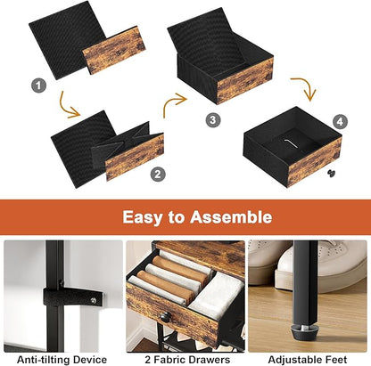 Shoe Rack, 5 Tier Shoe Organizer with 3 Drawers, Metal Shoe Storage for 24-30 Pairs of Shoes with Fabric Shelves and Wooden Top, Narrow Shoe Shelf for Closet Entryway Rustic Brown