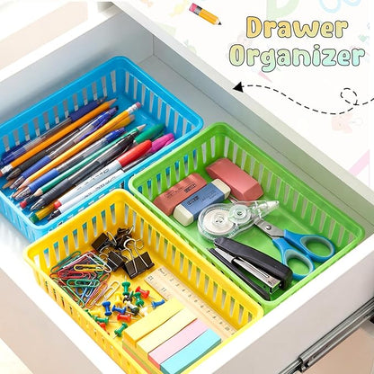 Wenqik 24 Pcs Plastic Storage Baskets for Classroom Organizing Small Pantry Storage Bins Rectangular Tray for School Household Toys Classroom Bedrooms, Kitchens Countertops (Rainbow Color)