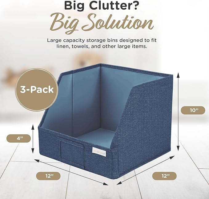 VIVIDECOR Open Front Trapezoid Storage Bins 12x12x10 – Easy Access Closet Shelf Organizer for Clothes, Towels, Fabric Baskets – Navy Blue, 3 Pack