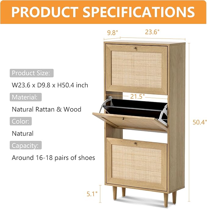 Narrow Shoe Cabinet with 3 Flip Drawers Hidden Freestanding Shoe Rack with Rattan Doors Wooden Shoe Storage Cabinet with Solid Wood Legs for Entryway Slim Hallway Apartment， Natural Oak
