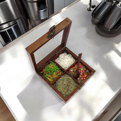 Wooden Spice Box, Masala Container, Condiments Storage Case for Kitchen, Multipurpose Decorative Box - Indian Rosewood Crafted