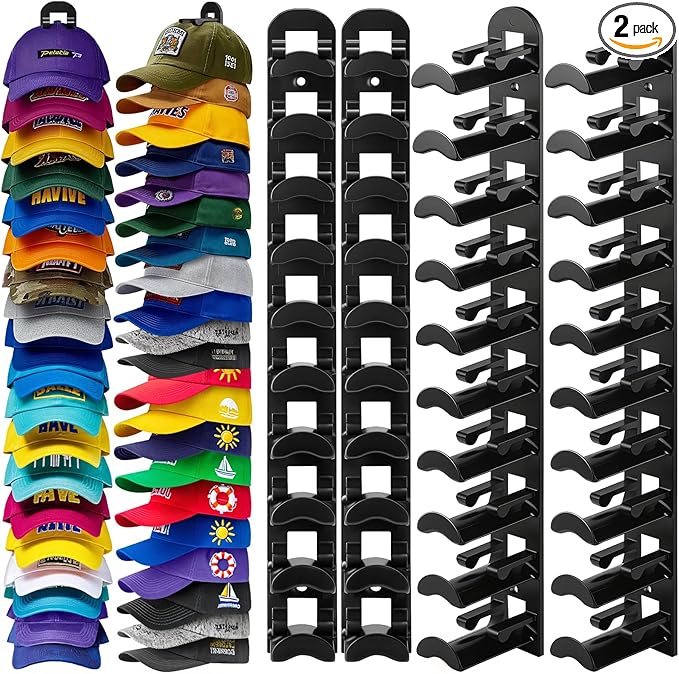 4 Pack Hat Organizer for Baseball Caps, Hat Rack for Wall Hold Up to 40 Hats, Hat Holder with Strong Adhesive and Screws,Cap Organizer Hat Hanger Display for Door Closet Bedroom(4pcs,B-Black)