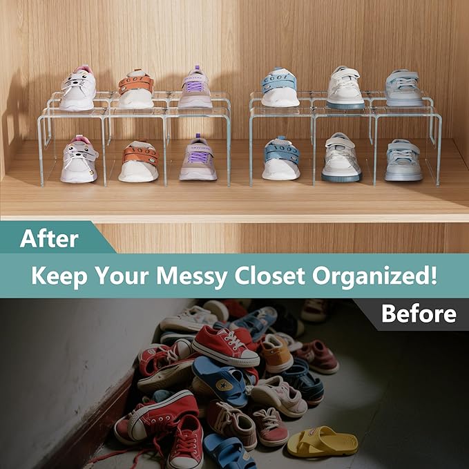 Acrylic Kids Shoe Rack Organizer 3-Section, Toddler Shoe Organizer for Closet, 2 Pack Baby Shoe Storage Shelf, Purse Rack Organizer