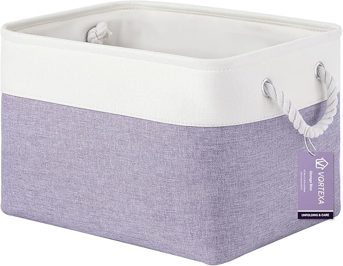 Large Storage Baskets- 15x11x10 inch Storage Bins for Shelves and Closet Organizing, Foldable Fabric Bin for Home Organization Clothes and Laundry (1-Pack, White&Purple)