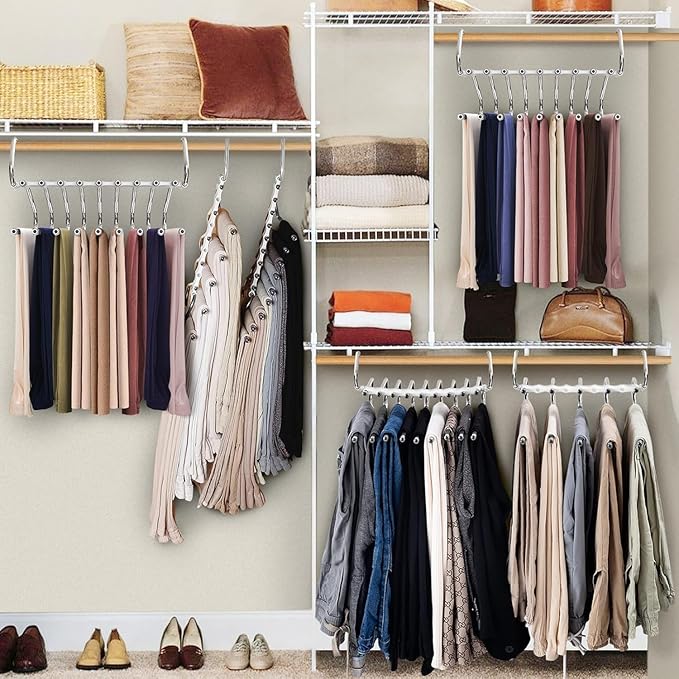 Upgrade 9 Layers Pants Hangers Space Saving, 4 Pack Multifunctional Pants Rack Non Slip Stainless Steel Clothes Space Saver Hangers Closet Organizers Storage for Pants Jeans Legging Skirt, Silky White