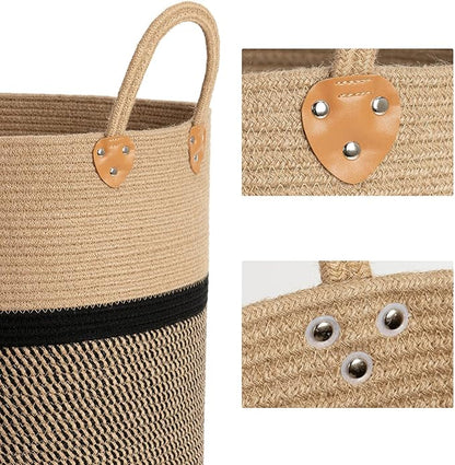 CHICVITA Extra Large Jute Woven Storage Basket with Handles – Laundry Basket Toy Towels Blanket Basket Home Decor Gift, 16" x 16", Black