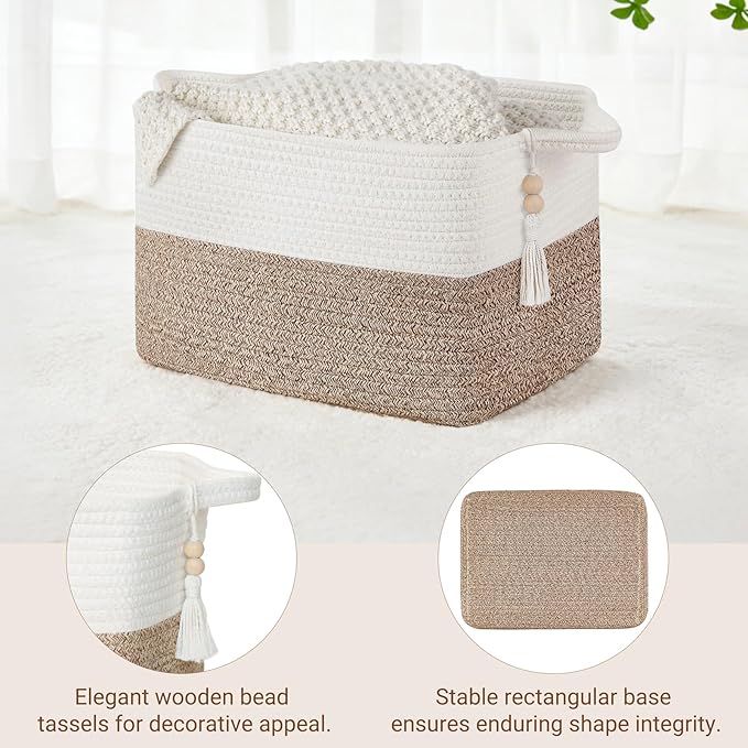 Mkono Woven Storage Basket, Cube Cotton Rope Basket for Shelves, Clothes, Toys, Towels, Books, Rectangle Bin with Handles for Organizing, Decorative Gift, 13'' x 10'' x 9'', Brown and White (1 Pack)