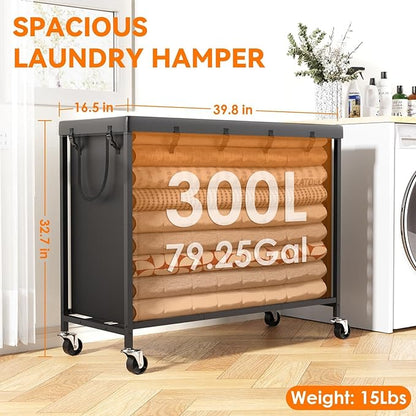 300L Large Laundry Basket with Wheels, Heavy Duty Rolling Laundry Hamper, Oxford Fabric Dirty Clothes Hamper with Thick Iron Frame & Removable Bag, Commercial Hampers for Hotel Home Laundry Room