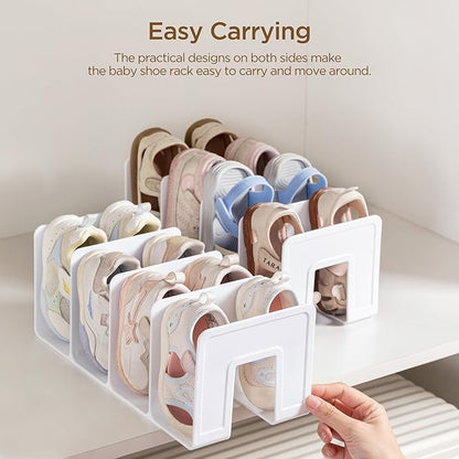 HBlife White Acrylic Kids Shoe Rack for Closet Organizers and Storage, Small Shoe Rack 4 Sections Toddler Baby Shoe Storage Organizer Stackable Shoe Shelf,Desk File Sorter Book Purse Organizer(2 Pack)