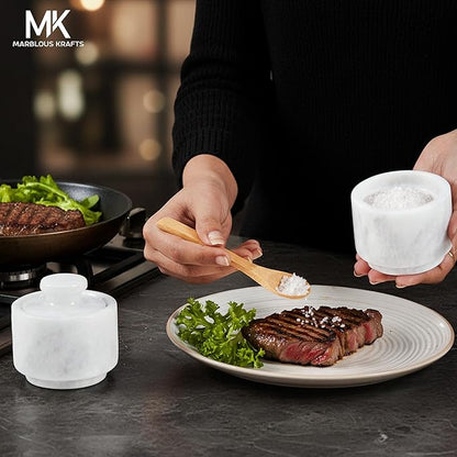 MARBLOUS KRAFTS White Marble Small Salt Cellar with Lid 3 Inch Set of 2 Handmade Stone Salt Container for Countertop, Sugar Bowl, Spice Jar & Salt and Pepper Containers, Kitchen Decor Gift