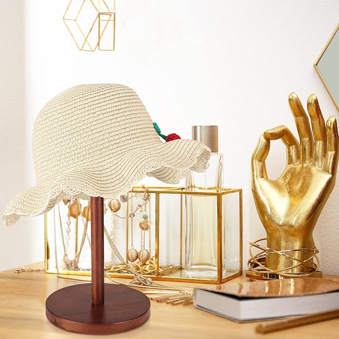 Chunful 2 Pieces Hat Display Stand Rustic Wood Hat Rack Holder Stand Vintage Wig Holder Jewelry Display Riser Helmet Organizer Storage for Home(Brown)