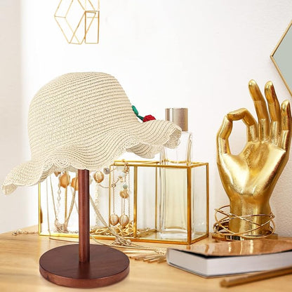 Chunful 2 Pieces Hat Display Stand Rustic Wood Hat Rack Holder Stand Vintage Wig Holder Jewelry Display Riser Helmet Organizer Storage for Home(Brown)