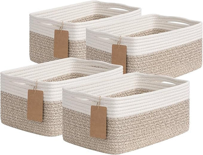Goodpick 4 Pack Storage Baskets for Shelves, Rectangle Woven Baskets for Organizing, Cotton Rope Storage Bins for Baby Toys, Decorative Basket for Gifts, 13''L x 8''W x 6''H, Brown & White