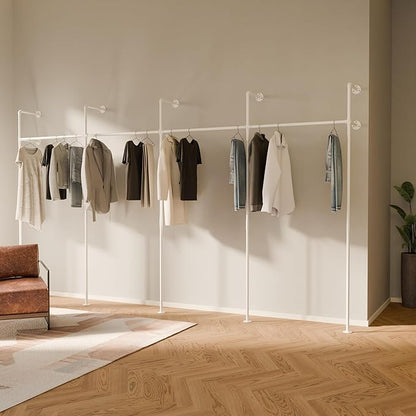 pamo White Clothing Rack Wall Mounted – Pipe Closet System in White Powder-Coated Steel – 154" W × 87" H, 970 lbs – Walk-In Closet & Bedroom