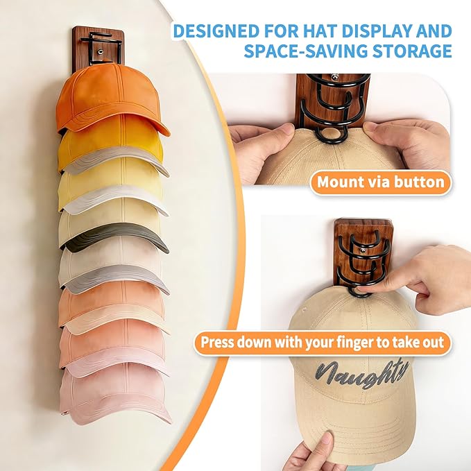 2 Pack Hat Organizer for Baseball Caps, Wood & Metal Hat Rack for Wall, Hat Storage for 22 Caps with Strong Adhesive/Wall Drilled for Door, Wall and Closet (Brown)