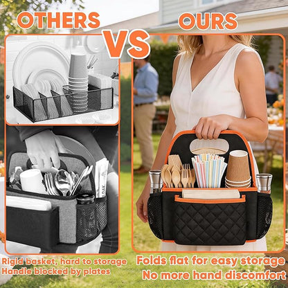 CROTIRAD Foldable Utensil Holder for Party with 9 Compartments, Paper Plate Organizer for Countertop with Top Handle, Buffet Silverware Utensil Caddy for Plate Cup Fork Spoon Napkin, Black