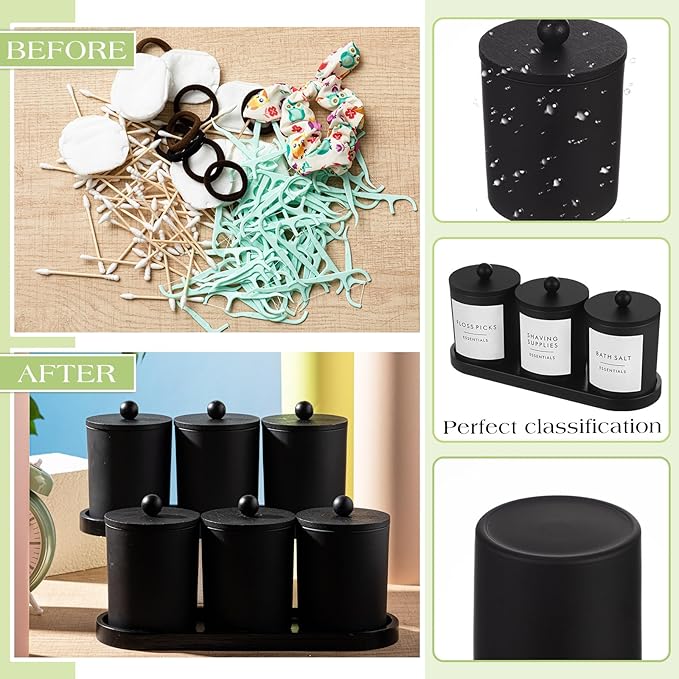 Chengu 6 Pack Cotton Swab Holder with Bamboo Lids and Trays and Labels Glass Round Swab Dispenser Cotton Ball Holder Glass Apothecary Jars Floss Pick Containers Bathroom Organizers(Black)