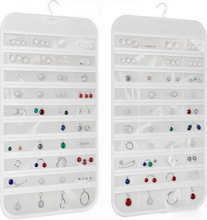 Hanging Jewelry Organizer Pockets Canvas Double Sided Rotating Hanger Necklace Hanging Wall Organizer Jewelry Roll for Earrings, Necklaces,Sunglasses,rings (80-Pocket WHITE)