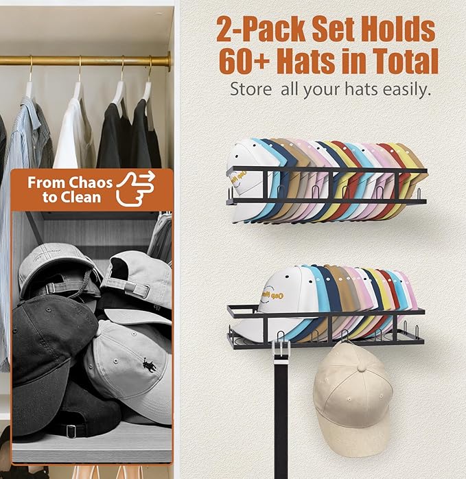 Metal Hat Rack for Wall, Holds 60+ Baseball Caps, 2-Pack Sturdy Wall Mounted Display Hat Organizer for Closet Hat Storage Holder, Black