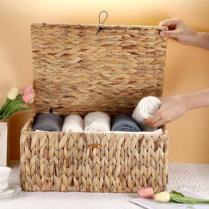 Hipiwe Handwoven Wicker Basket Natural Water Hyacinth Storage Bin with Lid Decorative Shelf Basket with Handles for Closet Living Room Bathroom, 17.0" L x 13.2" W x 7.0" H