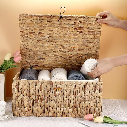 Hipiwe Handwoven Wicker Basket Natural Water Hyacinth Storage Bin with Lid Decorative Shelf Basket with Handles for Closet Living Room Bathroom, 17.0" L x 13.2" W x 7.0" H