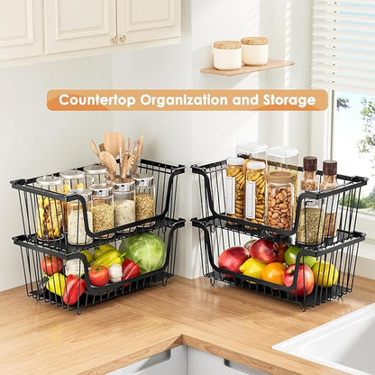 4 Pcs Stackable Wire Baskets for Pantry Organizers and Storage,Kitchen Storage Metal Baskets,Produce Potato Onion Storage Bin,Vegetable Fruit Basket for Countertop,Black