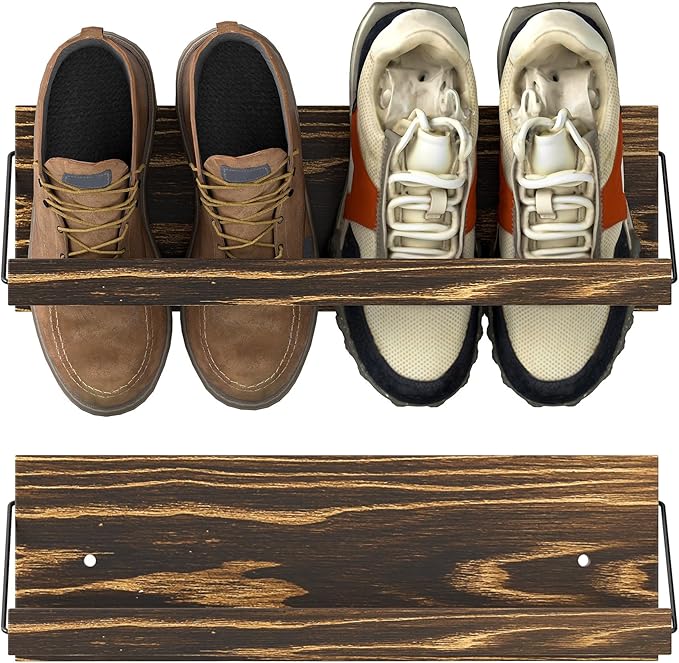 Nisorpa 20 Inches Wall Mounted Shoe Rack, Rustic Burnt Wood Wall Shoe Rack Mounted Slim, and Small Space Saving Shoe Storage Solution for Shoes in Narrow Spaces, Entryways, or Hallways, 2 Pack