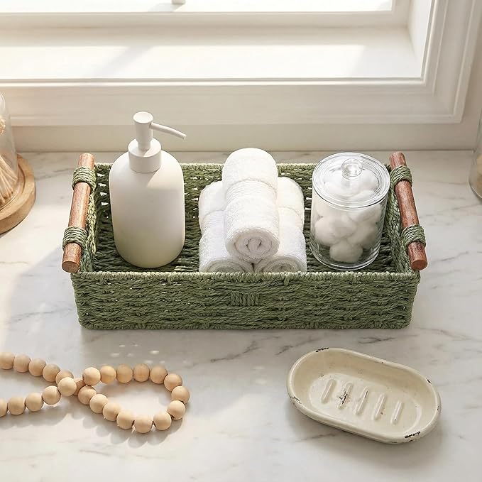 Sage Green Woven Bathroom Basket with Wood Handles — Toilet Paper Storage Organizer, Green Wicker Back of Toilet Basket, Boho Sage Green Bathroom Decor Tray for Tank Top or Shelf