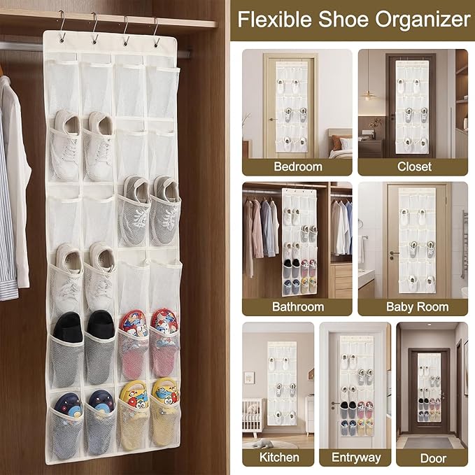 Batiyeer Over the Door Shoe Organizer Cotton Material 24 Large Breathable Mesh Pockets with 4 Pcs Hooks Closet Rack Hanger Holds up to 40 Lbs Space Saving Hanging Storage Holder