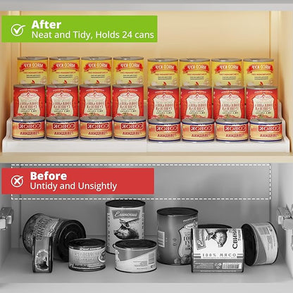Expandable Bamboo Can Rack Organizer for Pantry, 3-Tier Adjustable Can Storage for Kitchen Cabinets, Soda & Canned Goods Holder for Pantry Organization, Holds Up to 24 Cans, White (Patent Pending)