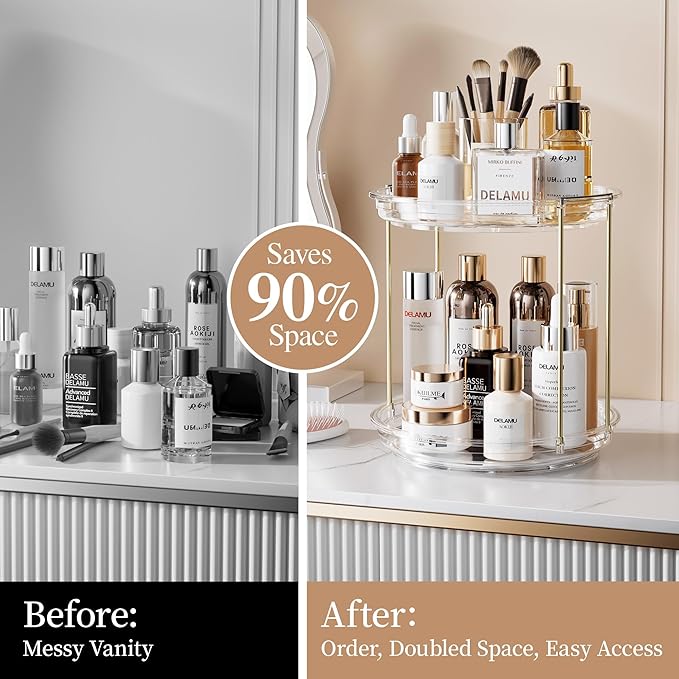 Delamu Rotating Makeup Organizer for Vanity, 2 Tier Bathroom Counter Organizer with Stackable Design, Spinning Skincare Organizer for Bathroom Countertop, Perfume Cosmetic Storage, Clear