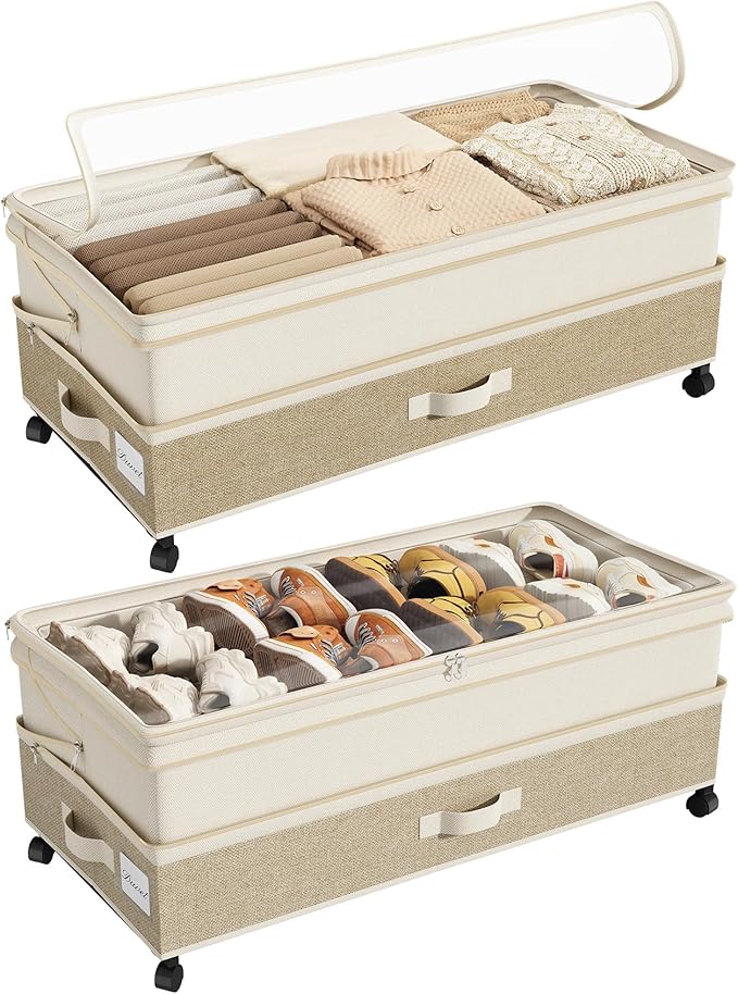 Kitstorack 2Pack Height-adjustable Under Bed Storage with Wheels, Under Bed Storage Containers,Under Bed Shoe Storage Organizer with Clear Window&Label, Suitable for Clothes Storage, Beige & Linen