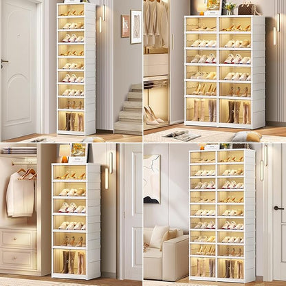 CIMLORD 3-Tier Foldable Shoe Rack Organizer for Closet 12Pairs Plastic Shoe Shelf Collapsible Shoes Storage Box Clear Shoe Boxes Stackable with Door Easy Assembly Shoe Cabinet with Lids Large