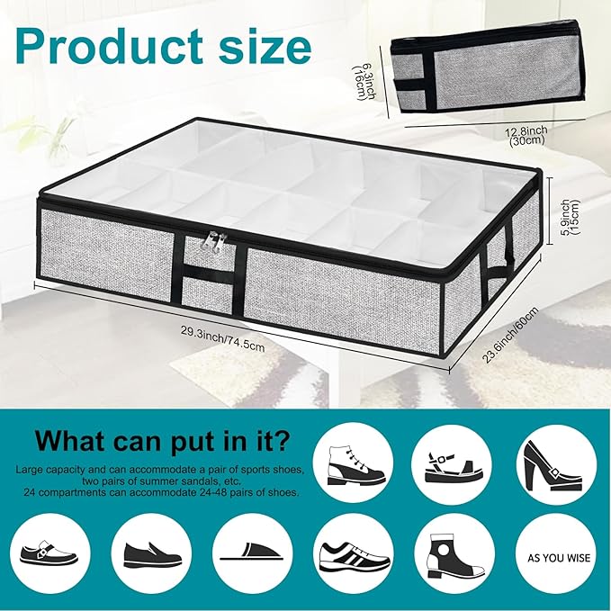 Under Bed Shoe Storage Organizer for Closet 2 Pack- Fits 24 Pairs Underbed Shoes Container Boxes, Light Grey