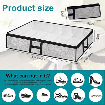 Under Bed Shoe Storage Organizer for Closet 2 Pack- Fits 24 Pairs Underbed Shoes Container Boxes, Light Grey