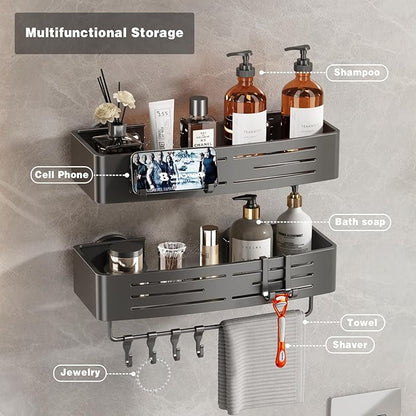 Voldra Adhesive Shower Caddy, 2 Pack Shower Shelves for Inside Shower No Drilling, Aluminum Stick On Showers Organizer with Towel Bar & Hooks Removable Bathroom Shelf Storage Rack(Gray)